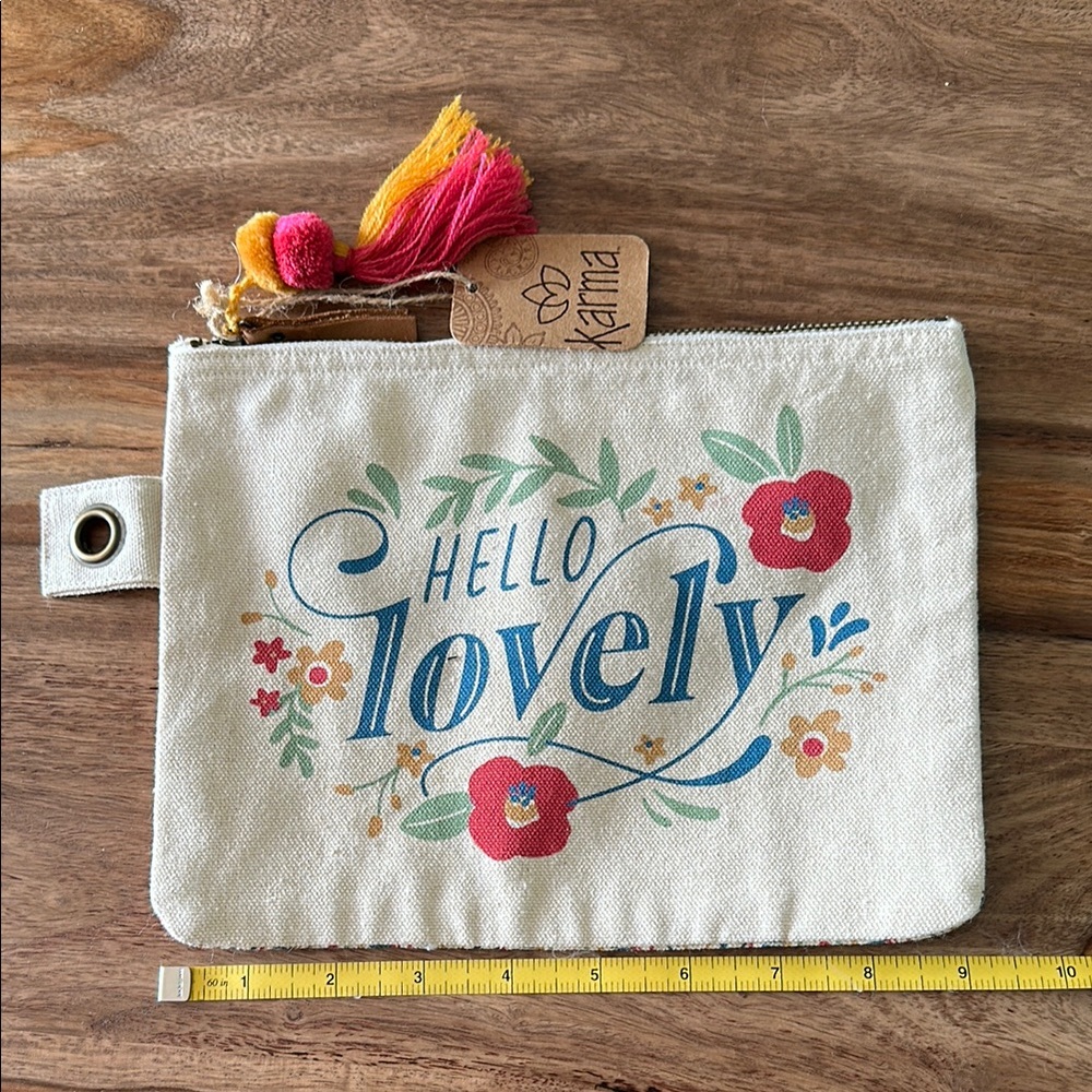 Hello Lovely Canvas Pouch NWT Stain & water Resistant attachment hole 9.5” by 7”
